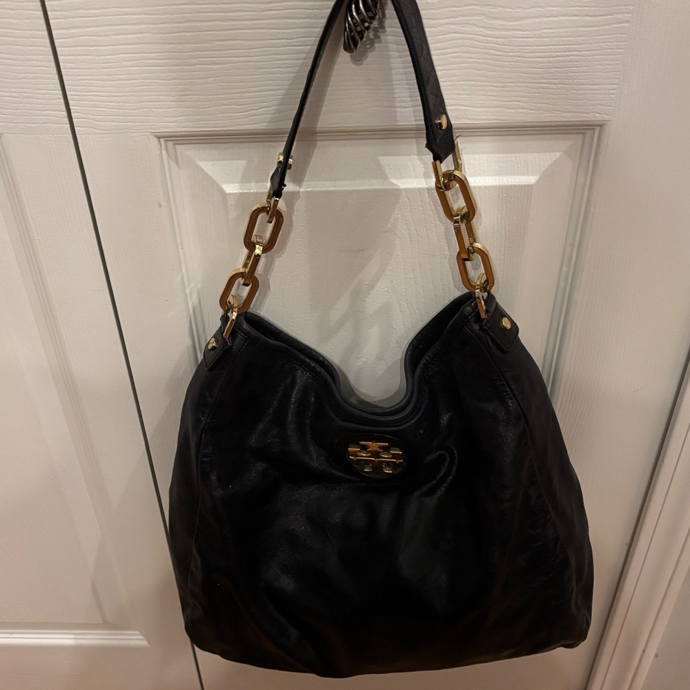 Tory Burch Black Leather Hobo Bag with Gold Chain